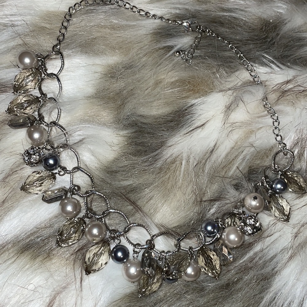 Gorgeous choker pewter smoke chain base with pearls and Crystal charm accents